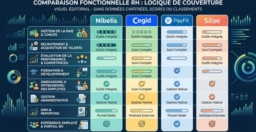 Comparaison de plateformes RH selon plusieurs familles fonctionnelles Comparaison de plateformes RH selon plusieurs familles fonctionnelles